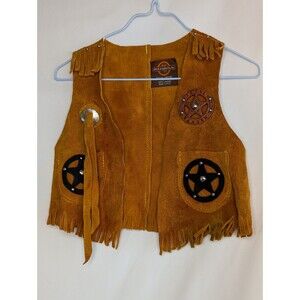 John R Craighead Leather Sheriff Vest Youth Medium Brown Suede Tassle Size Small